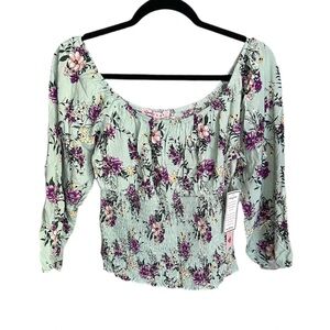 NWT Crave Fame Light Turquoise Floral Smocked Top Size L